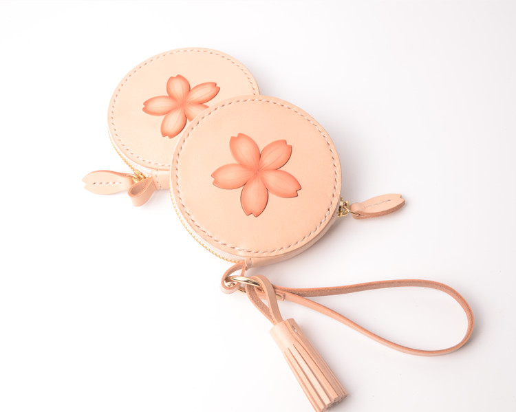 Handmade anh đào trồng da bò túi da dễ thương đồng tiền văn học ví tròn túi da dây kéo khăn tay túi nhỏ - Ví tiền bóp tiền