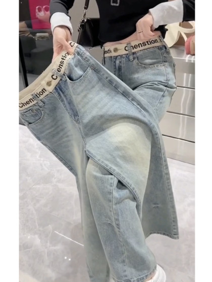 窄版弹力直筒牛仔裤女2025新款早春显瘦拖地裤大码刺绣加绒阔腿裤