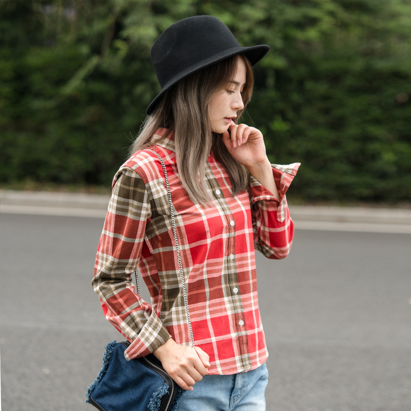 Mùa thu nữ 2018 mới thả lỏng kẻ sọc sọc dài tay áo sơ mi cotton sinh viên hoang dã áo sơ mi nữ dài tay màu đen