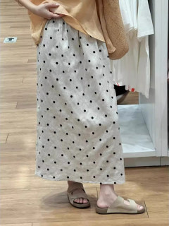 Polka dot linen skirt for women summer 2025 new style small slit slimming a-line long ramie cotton skirt