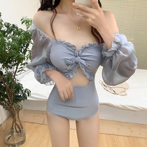 2021 New Korea ins Wind lace long sleeve slim fairy fan senior Gray hot spring one-piece swimsuit female summer