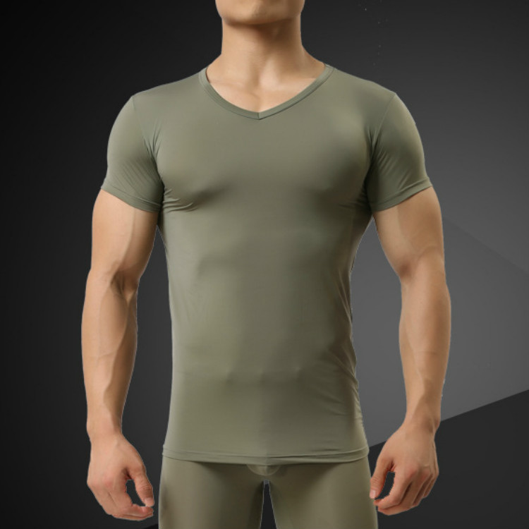 Men's Solid Color Ultra-Thin Ice Silk T-Shirt Short-Sleeved Silky Base Layer Semi-Transparent Small V-Neck Half-Sleeve T-Shirt Tight-Fitting T-Shirt