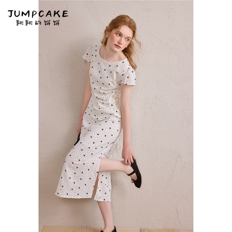 White Polka Dot Waist-Cinching Dress for Women, Summer French Design, Elegant and Slimming, Very Pretty Slit Long Dress