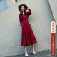 French niche chiffon long skirt spring and autumn 2024 new red V-neck long-sleeved dress waist slimming skirt