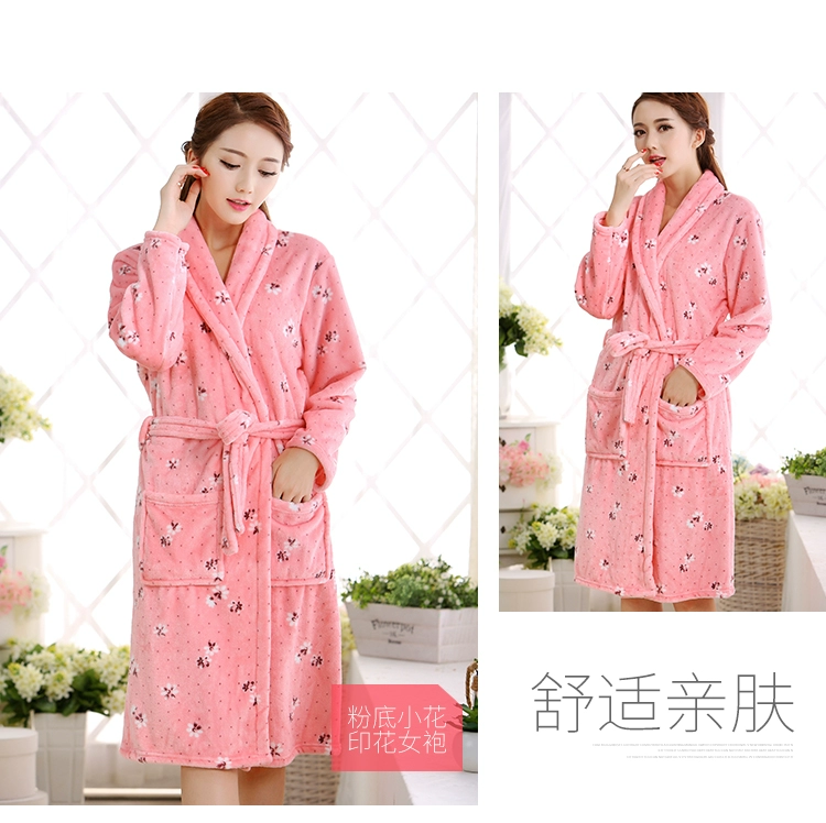 Mùa đông phụ nữ san hô lông cừu đồ ngủ dài tay flannel ấm dài đoạn áo choàng nữ mùa thu và mùa đông dày đơn giản