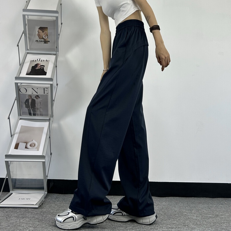 Tall Women 175cm Extra-Long Navy Blue Wide-Leg Pants Summer Thin High-Waisted Straight-Leg Floor-Length Pants Quick-Drying Cargo Pants