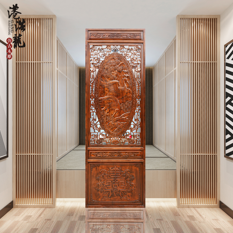 East Yang Wood Carving Landing Screen Solid Wood Pendulum Pieces Chinese Imitation Ancient Xuanguan Living Room Cubicle Pine Crane Peony Screen