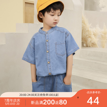 2021 new denim shirt short-sleeved thin childrens clothing pure cotton top summer childrens shirt in the childrens tide foreign style 8