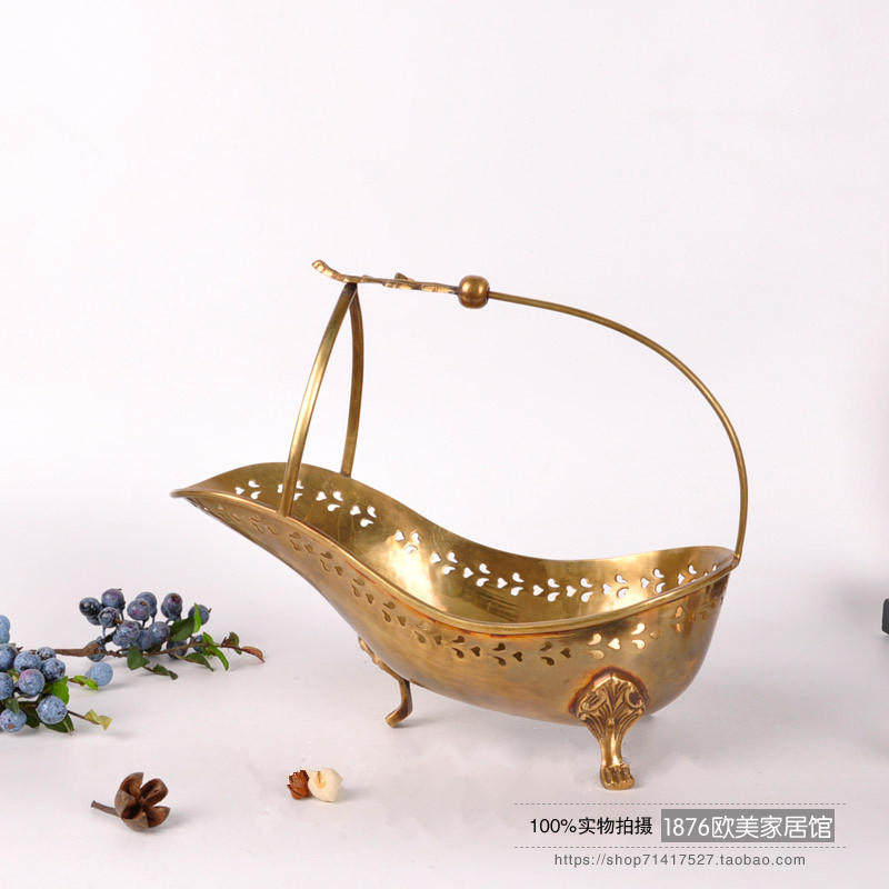 India imported pure copper handmade retro old handle fruit plate Wine rack High-end club soft fruit basket