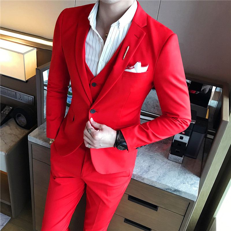韩版纯色小西装男 发型师西装男士结婚红色礼服西服套装男三件套