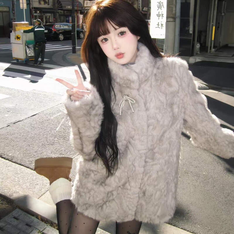 Stand Collar Dyed Mink Fur Integrated Coat for Women, Autumn and Winter Warm Mid-Length Plush Warm Coat