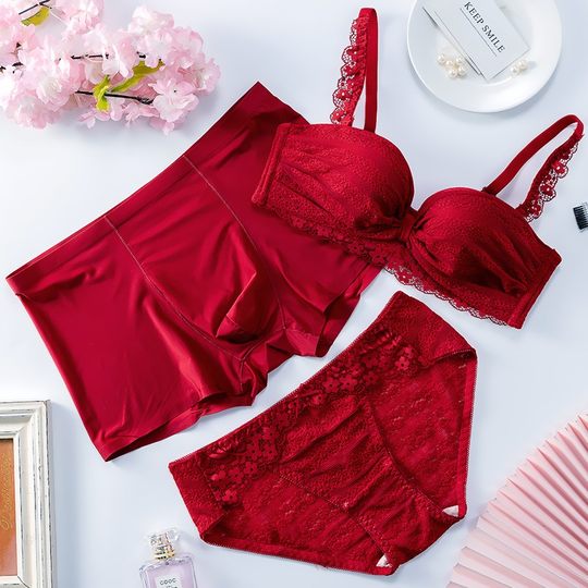 Zodiac year red wedding newlyweds couple underwear set three-piece set with bra couple underwear ice silk