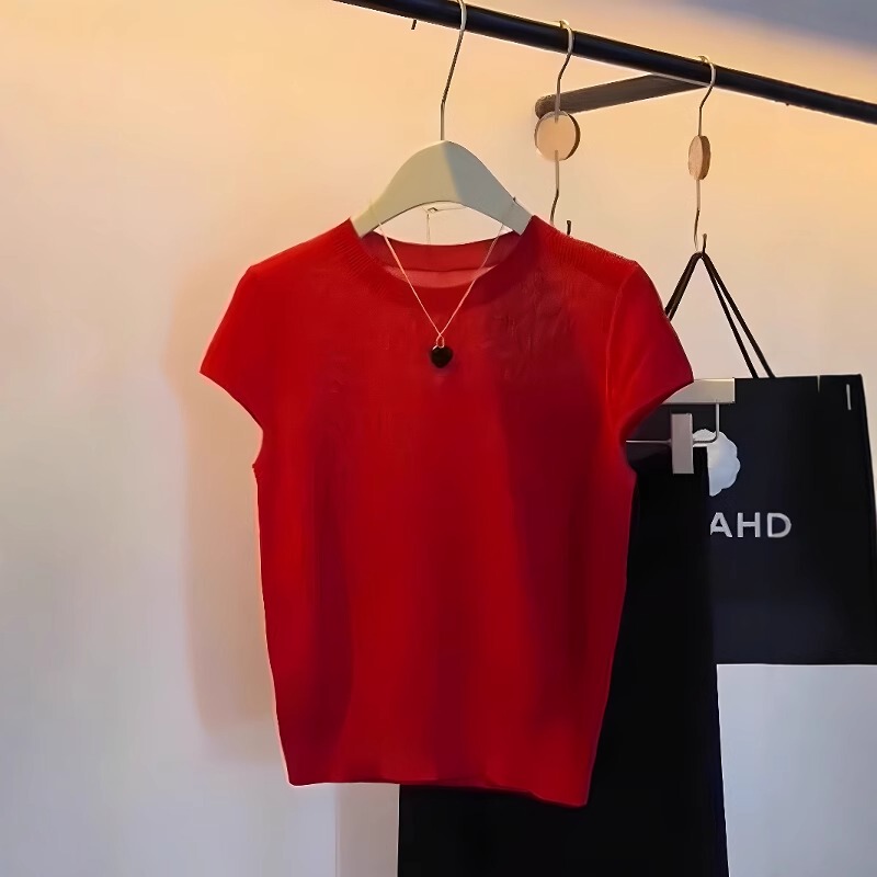 Duoyufen Korean Style ins Trendy Red Knitted Short-Sleeve T-Shirt for Women 2026 Summer New Stylish Base Shirt Top