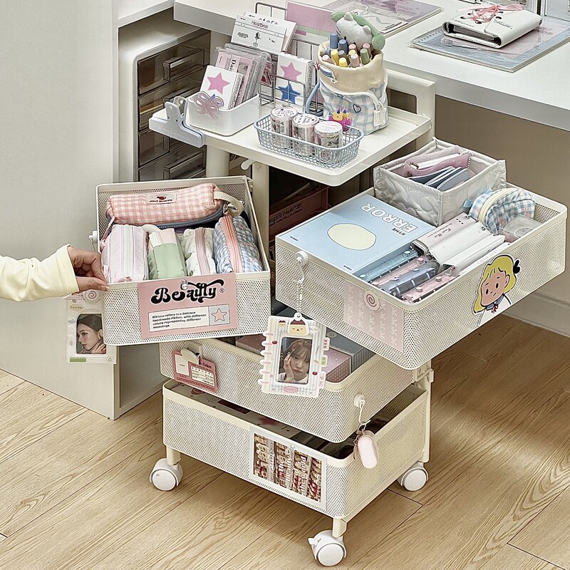 Trolley Storage Rack with Removable Drawers, Multi-Layer, Large Capacity, Desk, Snacks, Bean Storage, High-Value Bookshelf