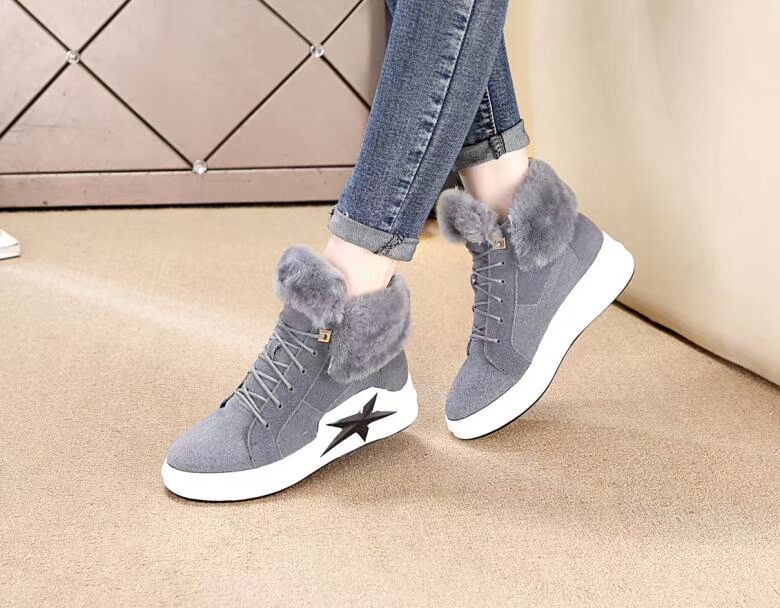 Giày da thỏ lông cao màu đỏ cộng với nhung giày thể thao ấm áp cho học sinh giày sneaker cổ cao nữ