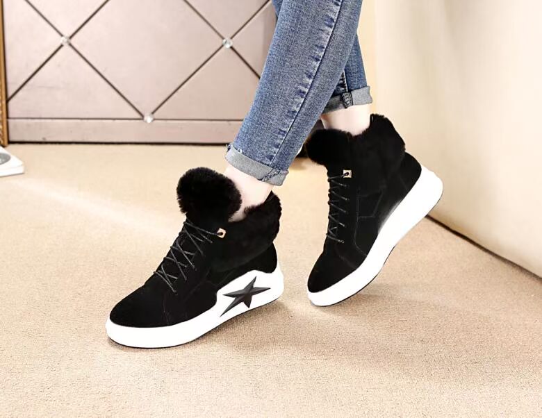 Giày da thỏ lông cao màu đỏ cộng với nhung giày thể thao ấm áp cho học sinh giày sneaker cổ cao nữ