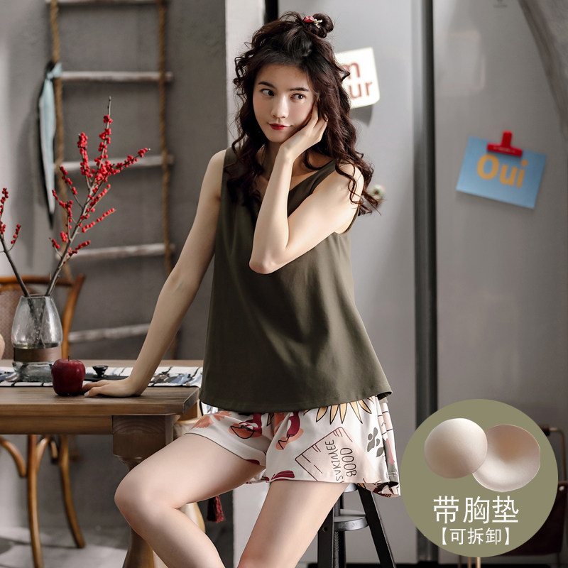 Sleeveless pyjamas women Summer pure cotton with chest cushion bra can be outworn with harness sexy thin Youth Vest Home Clothing
