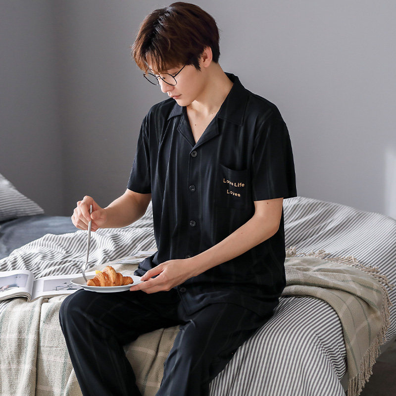 Men's Modale sleepwear summer short sleeve open chest long pants loose and thin and can be worn outside minimalist upscale home jacket