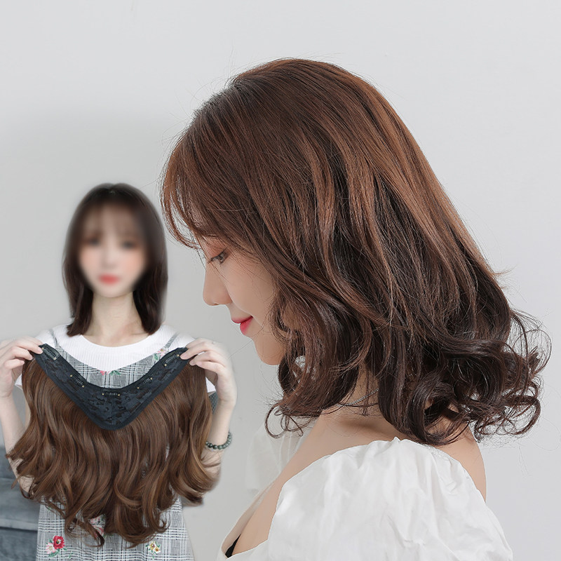 True hair patch wig female curl piece V type large wavy long curl 35 long invisible markless hair extension piece