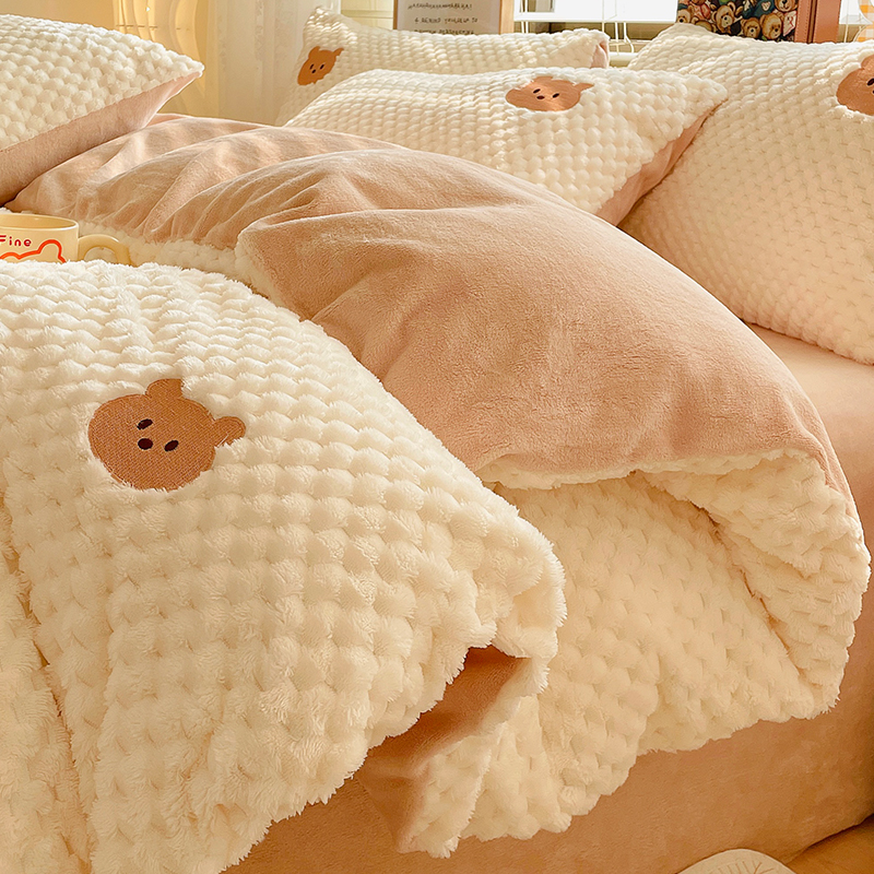 Class A Bean Suede Winter Bed Four Pieces Thickened Milk Coral Suede Bed Pint Children Flannel Quilt Cover Sheet-Taobao