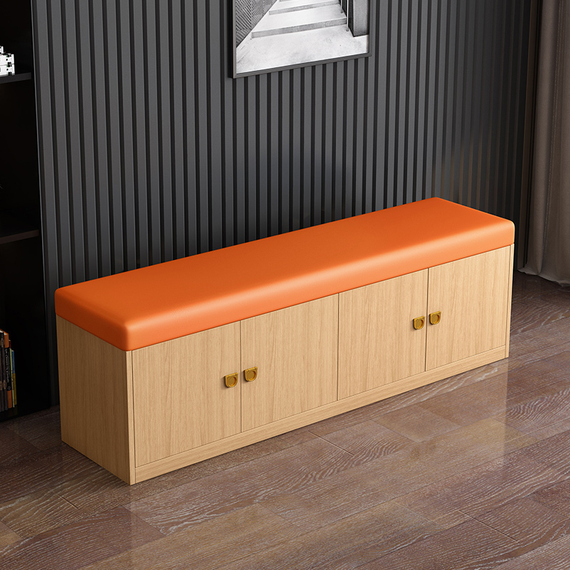 Integrated Bookshelf at the Entrance with a Door for Storage, Shoe-Changing Soft Cushion Sofa Stool, Long Shoe Cabinet, All Solid Wood Seating and Storage