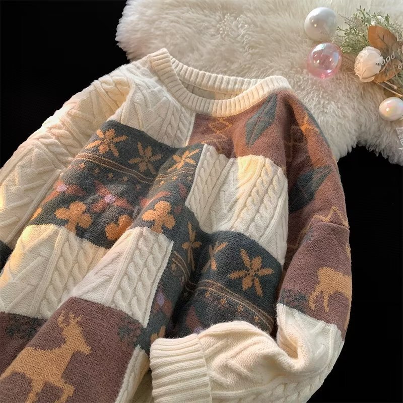 Round Neck Sweater for Men and Women, Loose Fit, Autumn and Winter, Chinese Style, Color-Blocking, Deer Design, Pullover, Couple's Casual Knit Sweater