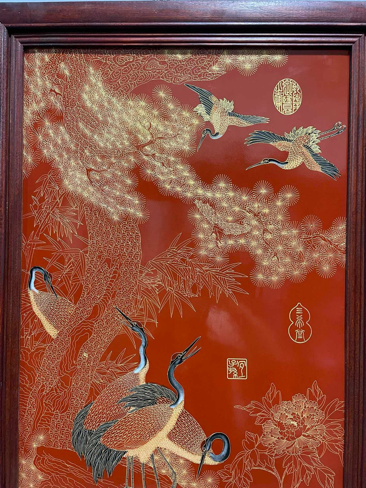郎世宁作品的艺术魅力：红木镶瓷板画掐丝六鹤同春挂屏--淘宝好物网