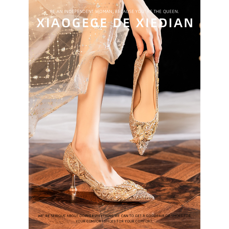 Champagne Gold Wedding Shoes for Women, Crystal Wedding Dress, Dual-Wear Bridal Shoes, 2026 Summer New Style, Stiletto Pointed Toe High Heels