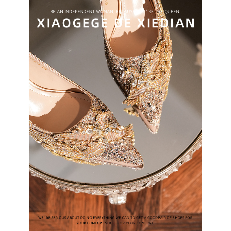 Golden Phoenix Wedding Shoes Bride Shoes Wedding Shoes Two-Way Wear 2026 Summer Pointed Toe High Heels Women's Stiletto Crystal Shoes