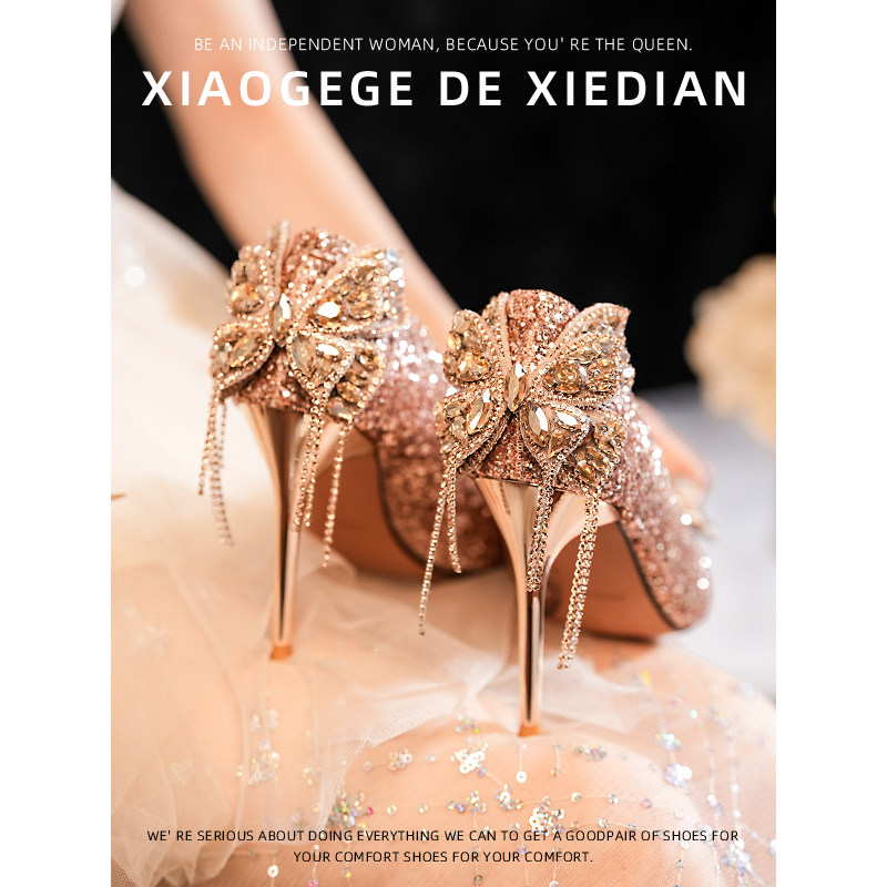 2026 Summer New Style Bow Crystal High Heels Women's Shallow Mouth Stiletto Heels Champagne Color Wedding Shoes for Brides and Wedding Dresses