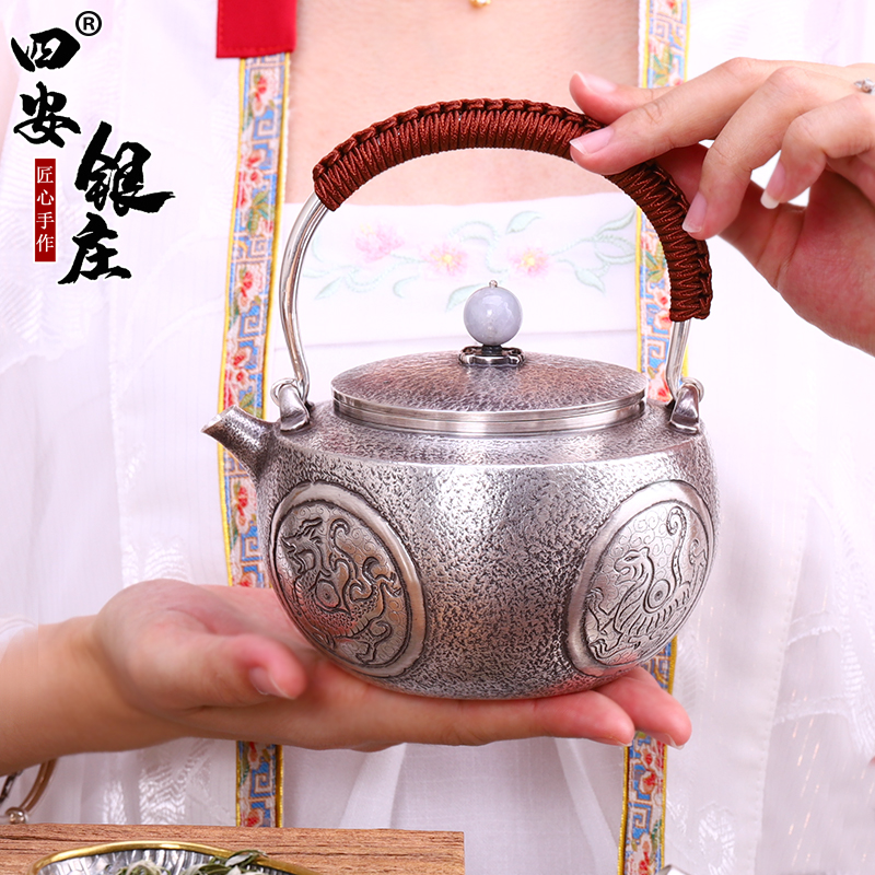 Silver pot pure silver 999 4 Holy Boiling Kettle Pure Artisanal Japanese Silver Pot One Silver Tea Set For Home Four-An-Silver Shop