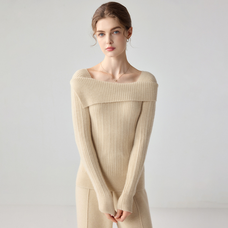 French-Style Elegant and Mature 100% Pure Cashmere Sweater with Ribbed Off-The-Shoulder Neckline, Slim-Fit Knitted Base Sweater for Women, Autumn and Winter Sweater