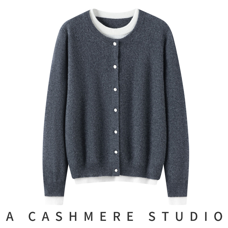 Spring and Autumn Thin Style Faux Two-Piece Sweater, Cashmere Color-Blocked Cardigan, Women's Round Neck Pullover Knitwear, Slim-Fit Cashmere Base Layer