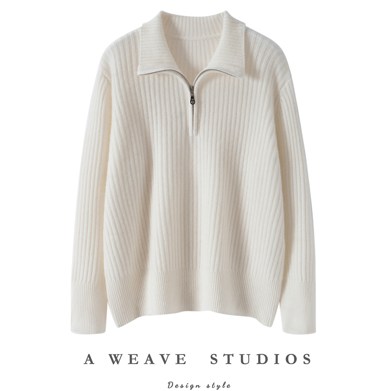 Minimalist Style Cashmere Sweater for Women, Half-Zip Turn-Down Collar Knit Sweater, Loose and Relaxed, High-End Feel, Half-Open Collar Base Layer Sweater