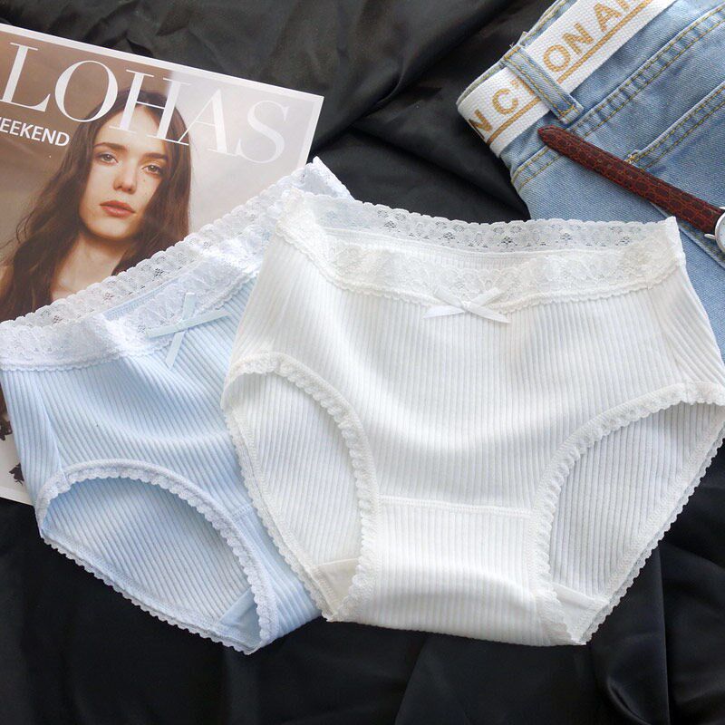 Day Ensemble Pure White Sweetness Pants Female Pure Cotton Lace Side Antibacterial Mid Waist Large Size Breathable Adolescent Raw Triangle Pants Head