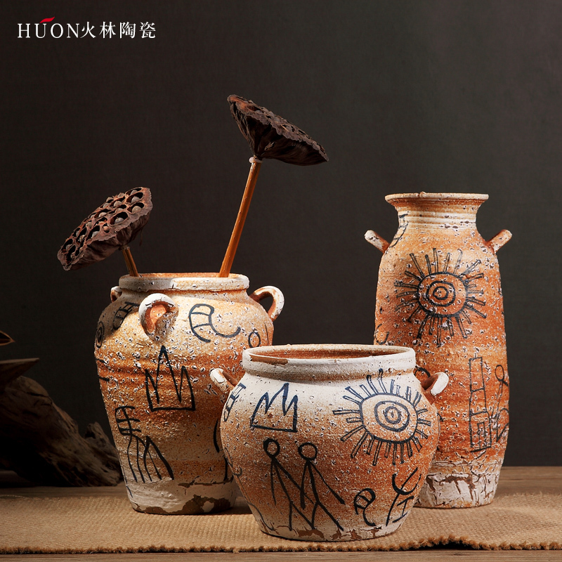 Ceramic Zen Vase, Chinese-Style Retro Coarse Pottery, Distressed Entrance Clay Pot, Rustic Decorative Ornament, Flower Vessel for Flower Arrangement