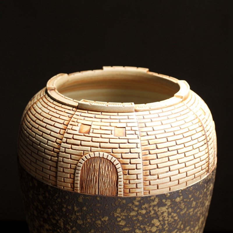 New Chinese style ceramic vase zen furnishing articles hand - carved retro coarse pottery table sitting room adornment flowers of a home stay facility