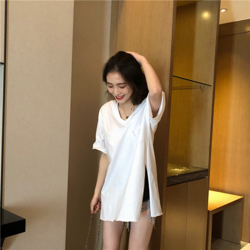 Real-time price control 28 new Korean version of Lazy Wind V-collar medium-long pure color T-shirt short sleeve loose open jacket