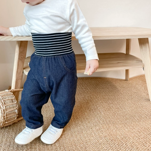 Демисезонные детские штаны подходит для мужчин и женщин, трикотажные джинсы, бандаж пупочный для отдыха, высокая талия, оверсайз