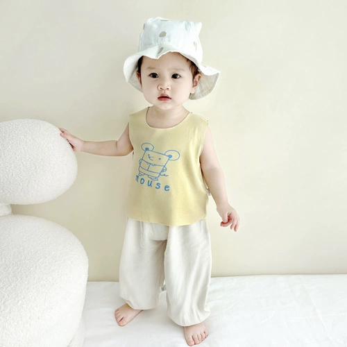 Летний жилет без рукавов подходит для мужчин и женщин для девочек, тонкая мультяшная футболка для раннего возраста, сшит из модала, короткий рукав