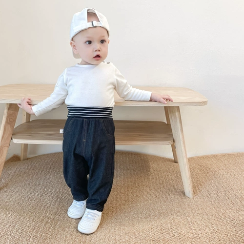 Демисезонные детские штаны подходит для мужчин и женщин, трикотажные джинсы, бандаж пупочный для отдыха, высокая талия, оверсайз