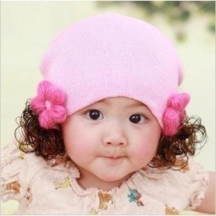 Baby girl wig hat cute baby pullover hat 0-1 year old pure cotton thread out hat autumn and winter
