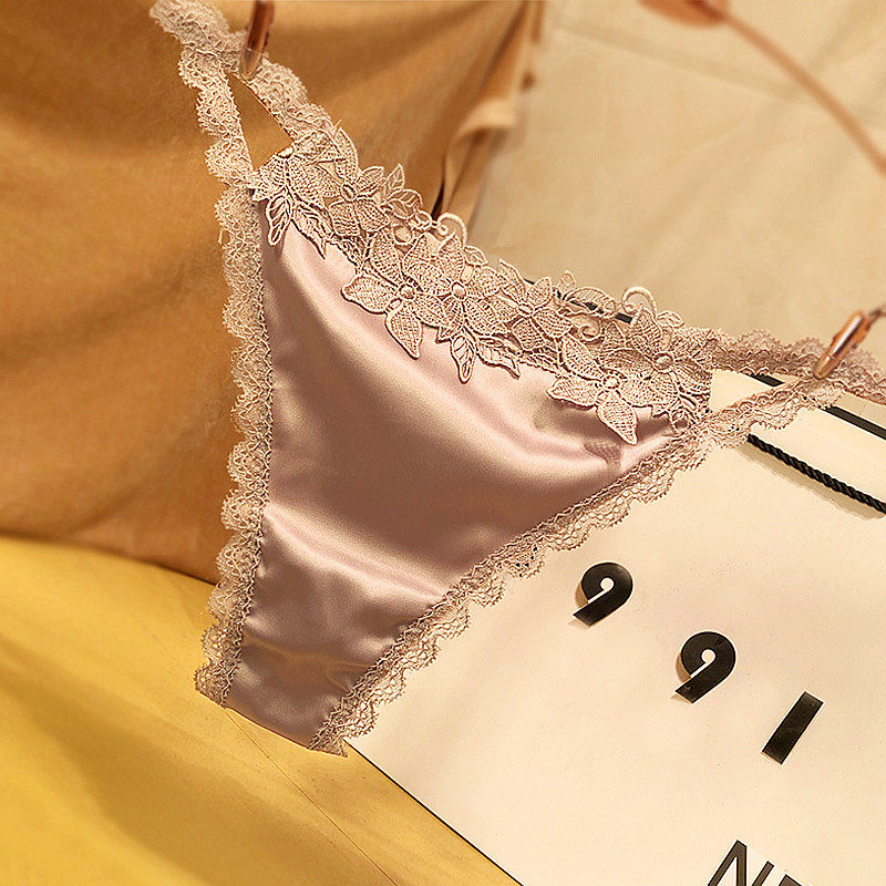 European and American sexy thong women's fashion lace edge embroidery without marks tempting quick-drying briefs light luxury satin bottoms