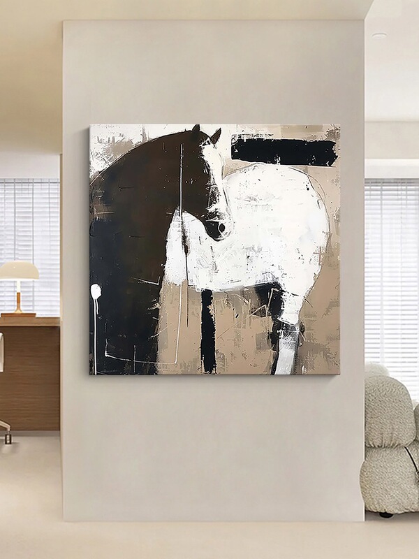 Modern Minimalist Black and White Horse Decorative Painting for Living Room Sofa Background Wall, American Retro Style Dining Room Hotel Corridor Hanging Painting
