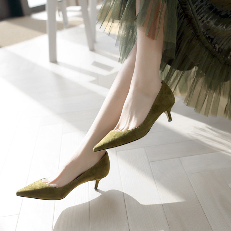 3-5cm small heel single shoe woman with thin heel tip shallow mouth low heel sheepskin 100 hitch genuine leather mustard green high heel shoe