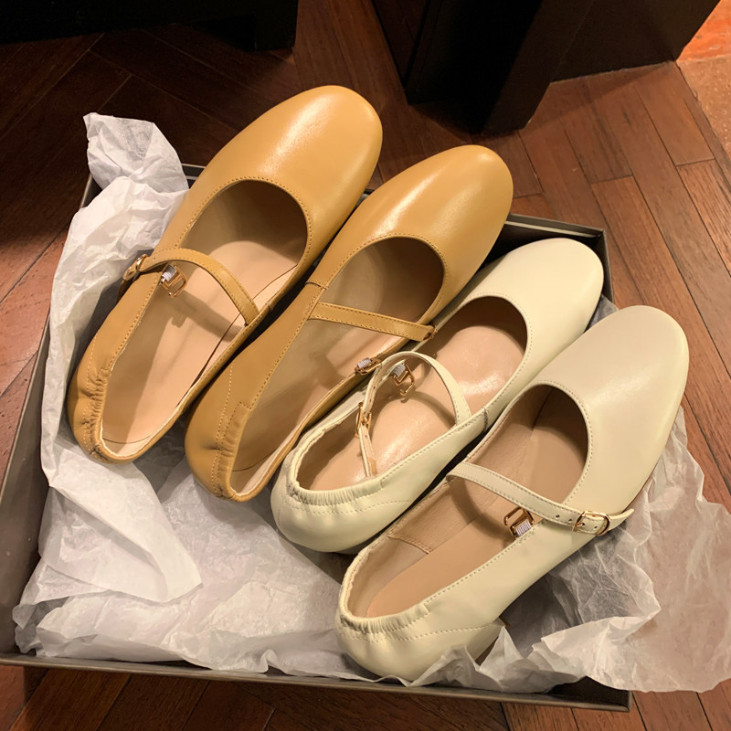 Soft Leather Single Shoes Woman Flat Bottom Genuine Leather Shallow Mouth Grandma Shoes Woman Retro Soft Bottom 100 Hitch With Fairy Shoes Milk Tea Color