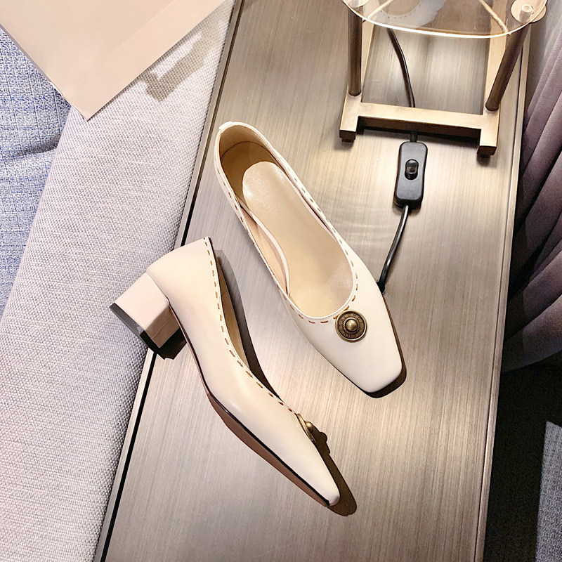 2021 Spring autumn new coarse heel Square Head Shoes Woman heel Shallow Mouth Genuine Leather High Heel Shoes 100 Lapped Retro Rivet Women Shoes