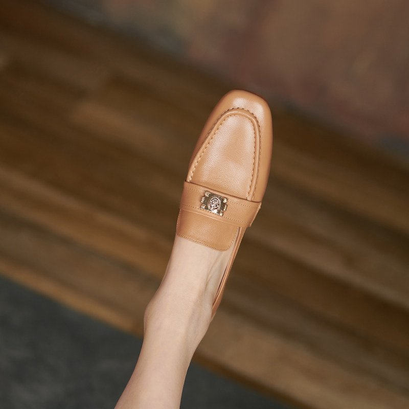 Lefu shoes women's summer French style 100 lap one foot pedal soft leather retro grandma shoes flat bottom genuine leather deep mouth single shoe woman soft bottom