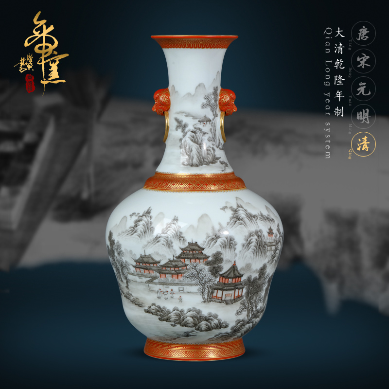 Emperor up imitation antique hand - made alum red see colour ink landscape characters and Chinese style living room with a pair of vases, furnishing articles