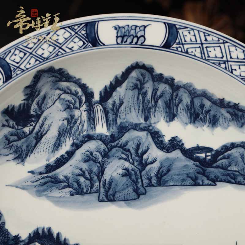 Jingdezhen ceramic decoration plate by blue and white landscape hang dish plate antique hand - made decorative household crafts are sitting room
